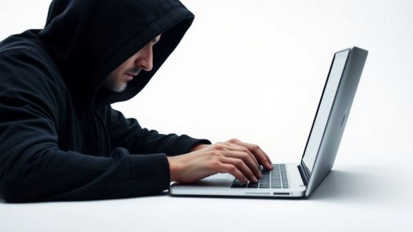 Hooded figure working on a laptop, concept of cybersecurity in automotive finance services.