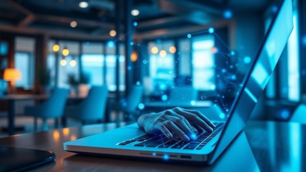 Hands using laptop in a digitally networked setting, embodying dealerships that think like startups.