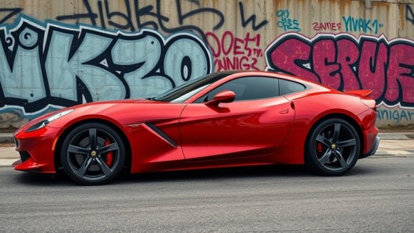 Sleek red car parked in an urban graffiti environment reflecting automatic on finance.