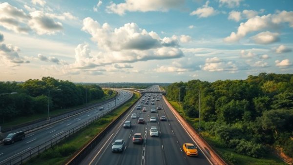 Busy highway under cloudy sky during November 2025.