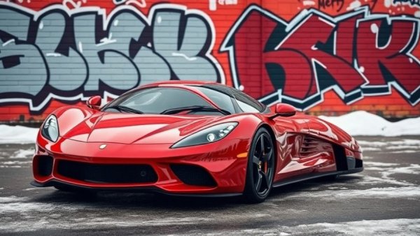 Red sports car at Washington dealership, graffiti backdrop.