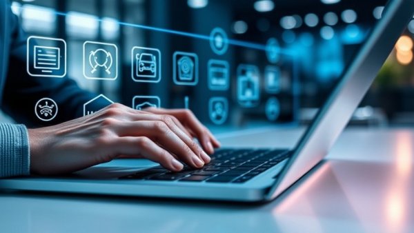 Hands typing on laptop with automotive digital retail tools icons.