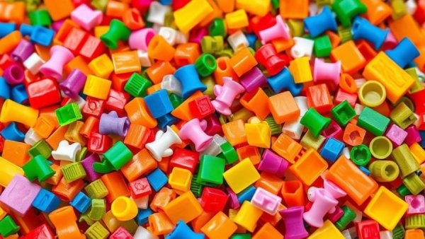 Vibrant plastic fragments illustrating plastic injection molding suitability.