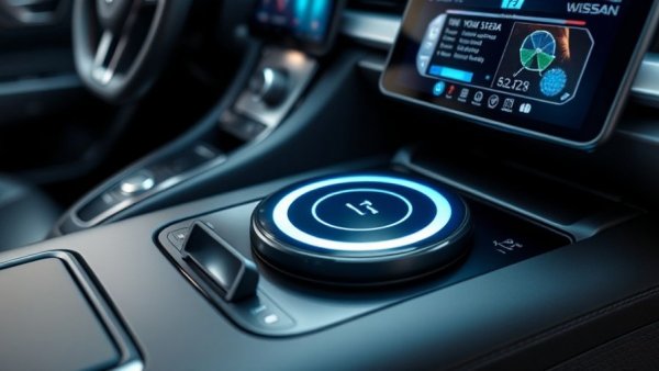 Close-up of Nissan wireless charging technology in car interior.