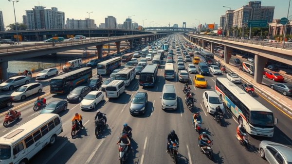 A busy urban highway filled with diverse vehicles, highlighting traffic and transportation dynamics.