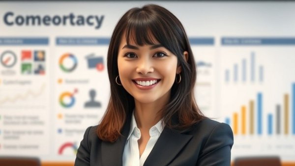 Smiling professional woman in business setting highlighting conversational intelligence in dealerships