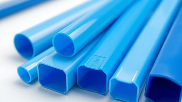 Close-up of blue plastic tubes showing rigid vs flexible plastic extrusions.