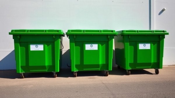 Large green dumpsters against a white wall, showing large plastic injection molding.