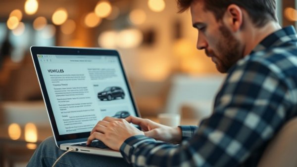 Person working on digital vehicle portfolios on a laptop.