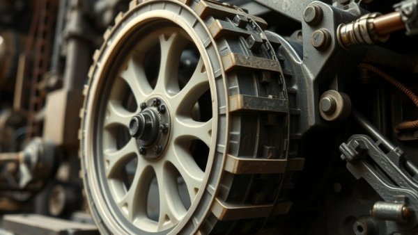 Close-up of large plastic wheel with metal frame on machinery