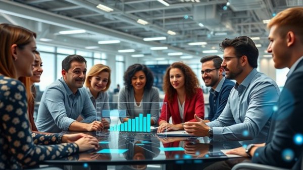 Implement AI in your dealership: Team meeting with digital charts.