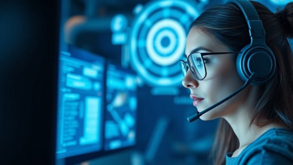 Engaged woman in futuristic setting enhancing post-sale customer experience.