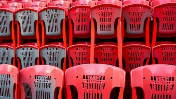 Stacked red plastic chairs showcasing injection molding design.