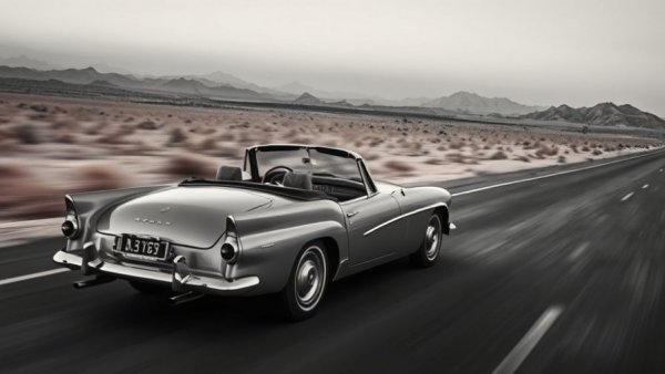 Vintage convertible on desert highway during dusk, automotive finance services.
