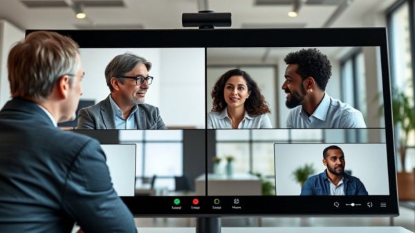 Professionals discussing leadership in the auto industry in a video call.