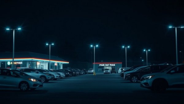 Dimly lit used car dealership at night, showcasing used car prices December.