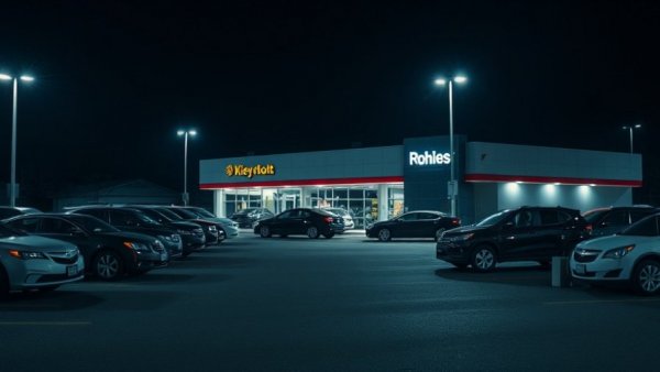 Nighttime used car dealership with parked vehicles under lights.
