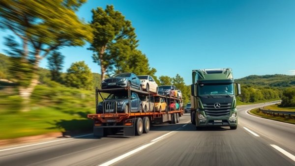 Transport truck carrying cars on a highway in a rural setting related to automotive finance services.