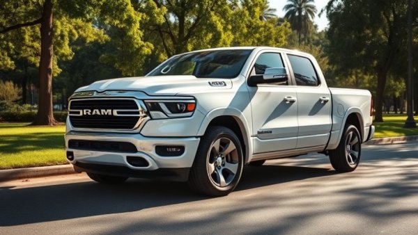 Sleek Ram truck in urban park, showcasing durability and style.