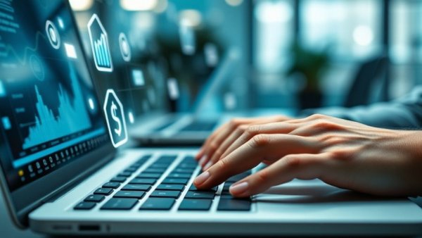 Virtual F&I concept with hands typing on laptop and finance icons overlay.