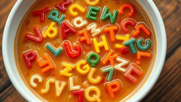 Alphabet soup in a white bowl on a wooden table