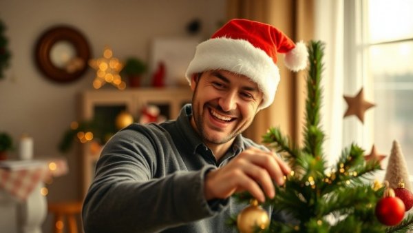 Festive man decorates small Christmas tree indoors.