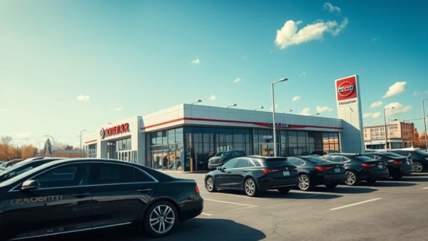 Tricolor auto dealership with parked cars indicating potential bankruptcy impact on automotive finance services.