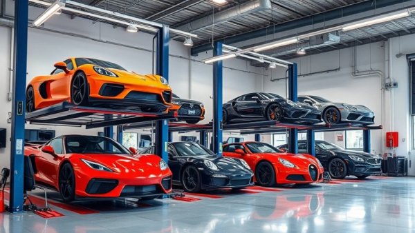 Modern service garage with sports cars, automatic on finance.