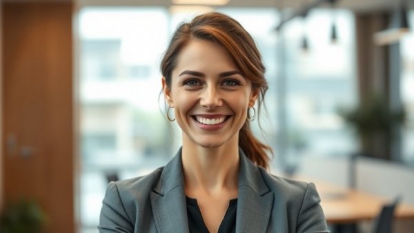 Confident professional woman in corporate environment, finding buyers beyond your database.