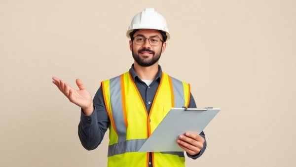 Construction worker gesturing with clipboard, discussing automatic financing on vehicles.