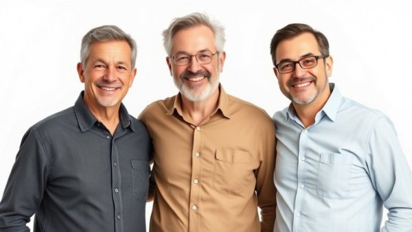 Three men smiling in a group photo, casual shirts.