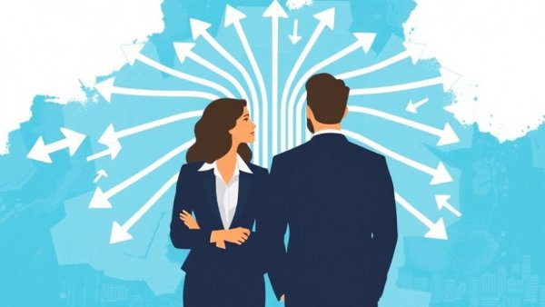 Business professionals facing intricate path in finance decision.
