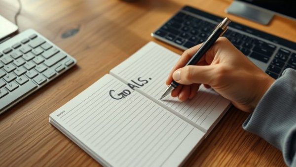 Close-up of hand writing sales goals in a notebook near a keyboard for clear vision sales planning.