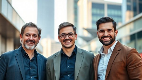 Three men smiling outdoors in casual attire, automotive finance services.