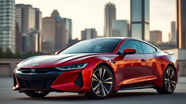 Modern red car in urban setting, finance for auto concept.