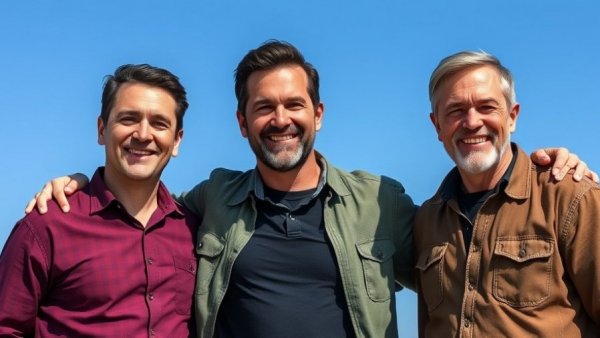 Three men smiling in a casual outdoor setting, automotive finance services.