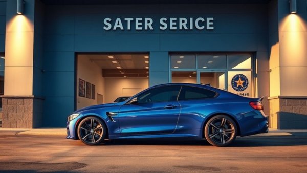 Blue car at dealership for recall repairs at night.