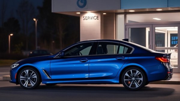 Sleek blue sedan at service garage for vehicle recall repairs.