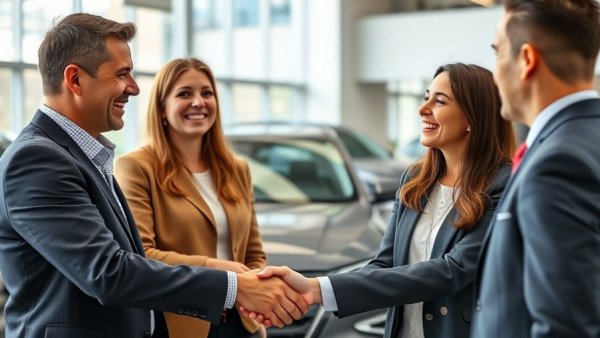 Enthusiastic couple at a dealership discussing an F&I On Demand staffing solution.