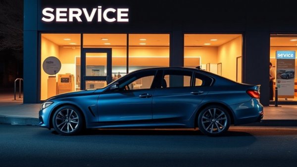 Blue car at night in front of service center, recall repairs context.