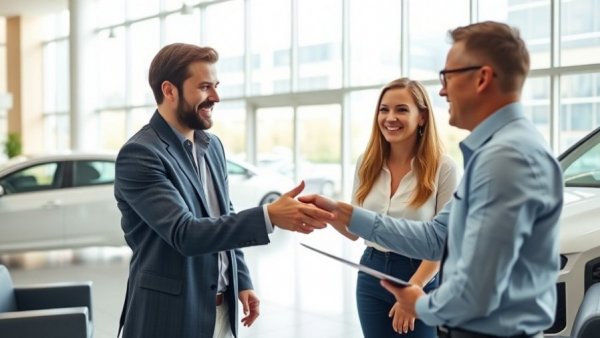 Couple discussing F&I On Demand solution, car dealership handshake scene.