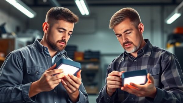 Shop inspection lighting setup with men checking equipment for accuracy