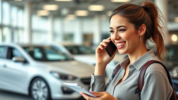 Young woman on phone taking notes in car showroom, dangerous excuse on the sales floor.