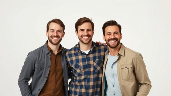 Three men smiling together in a light background for auto body repair theme.