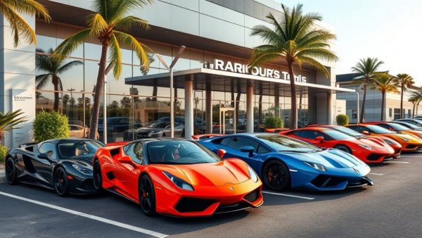 Luxury cars at HGreg Lux Doral dealership with palm trees and glass facade.
