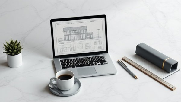 Neatly arranged modern workspace with laptop and blueprint on marble surface, highlighting Auto F&I Trends.
