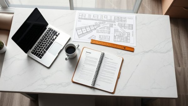 Organized workspace on marble desk with laptop and blueprints, related to automotive finance services.