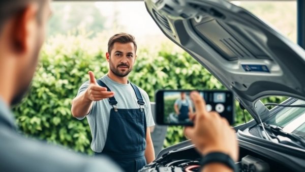 Technician demonstrating car repair in video using modern communication tools.