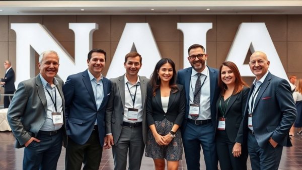 Professionals at auto finance conference smiling together.