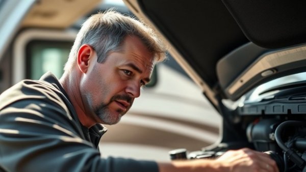 Man inspecting RV engine, Quick Fixes for RV Emergencies on the Road.